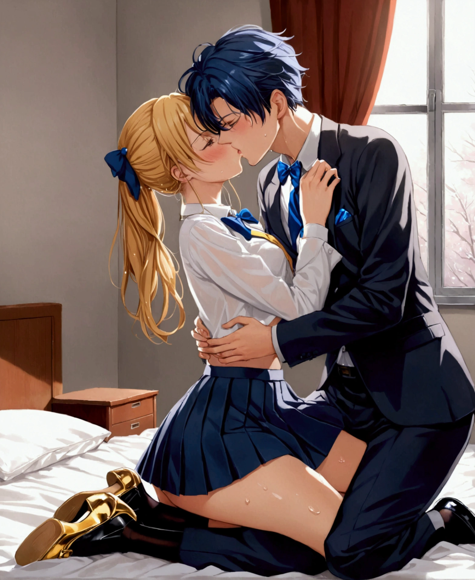 A high school student, ************, flirtatious and horny, sweat and wet body, completely unbuttoned blouse, visible bra, /(school uniform: blue and white European-style highschool uniform, private institution, demure, long skirt, blouse, stockings, gloves, bow in hair, patent leather shoes, necklace, brooch in hair , gold jewelry,), in a room, on the bed, near the window, in winter, fogged glass, the young woman riding on the man's hip kissing passionately while moving her pelvis, 21 years old, /(formal suit, rings on fingers,), on top of the man riding him, frontal focus, 