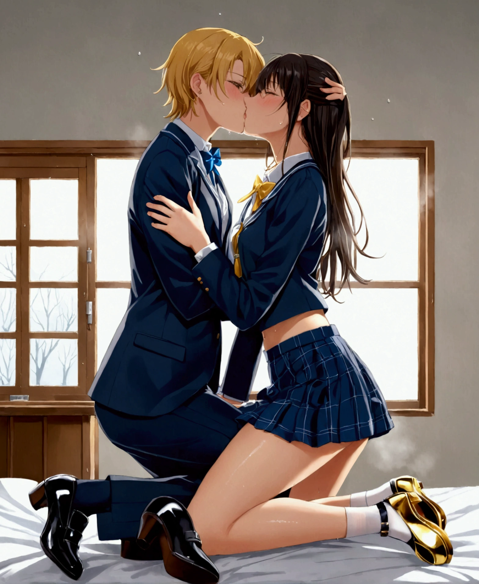 A high school student, 17 years old, flirtatious and horny, sweat and wet body, completely unbuttoned blouse, visible bra, /(school uniform: blue and white European-style highschool uniform, private institution, demure, long skirt, blouse, stockings, gloves, bow in hair, patent leather shoes, necklace, brooch in hair , gold jewelry,), in a room, on the bed, near the window, in winter, fogged glass, the young woman riding on the man's hip kissing passionately while moving her pelvis, 21 years old, /(formal suit, rings on fingers,), on top of the man riding him, frontal focus, 