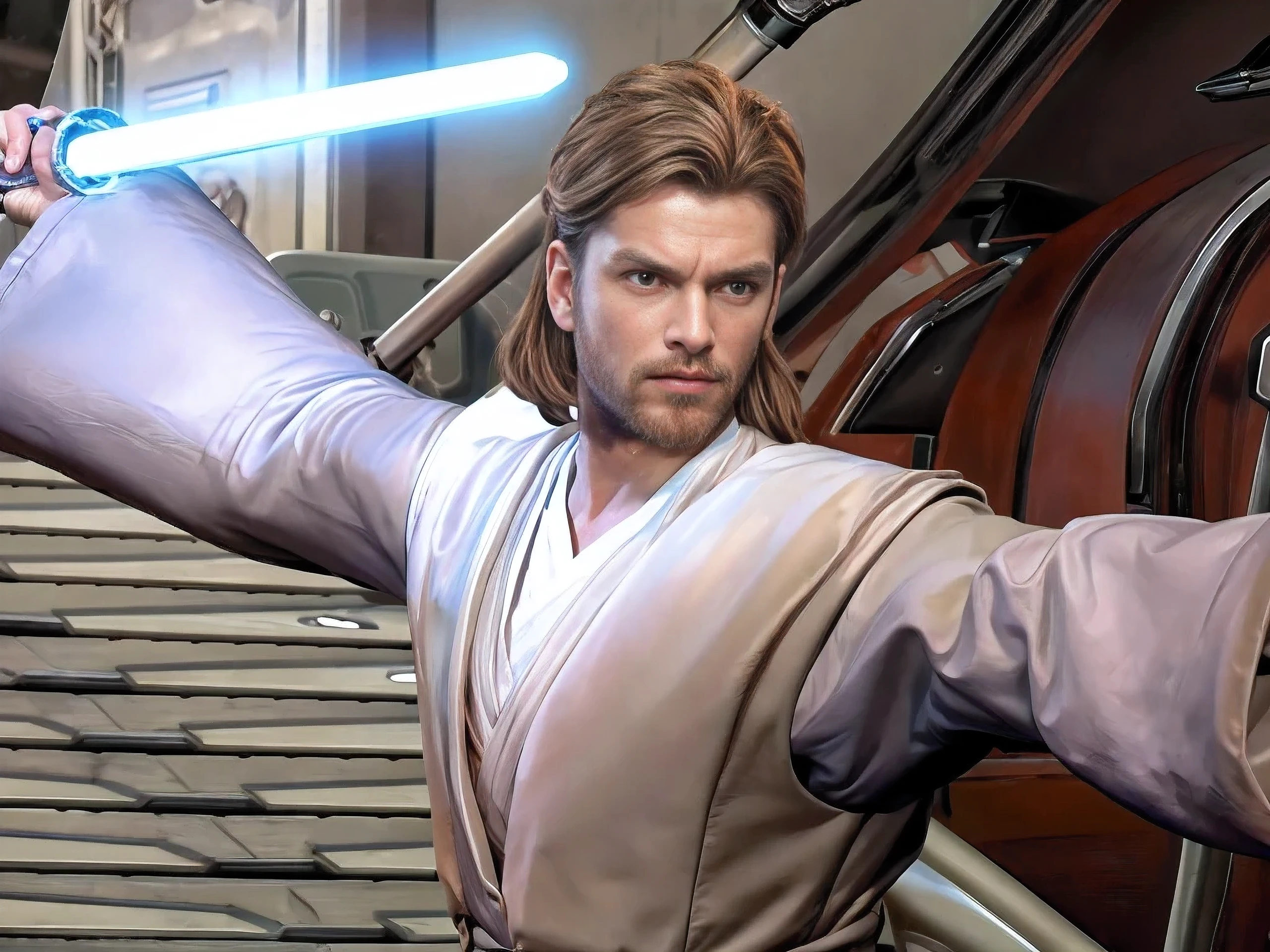 photorealistic detailed portrait of a strong handsome man, 1 man, extremely detailed facial features, beautiful eyes, nose, lips, highly detailed skin texture, chiseled jawline, muscular build, standing at the edge of a vast cosmic landscape, swirling nebulae, glowing stars, ethereal colors, dramatic lighting, cinematic, (best quality,8k,highres,masterpiece:1.2),ultra-detailed,realistic,photo-realistic:1.37,dramatic lighting,cinematic composition