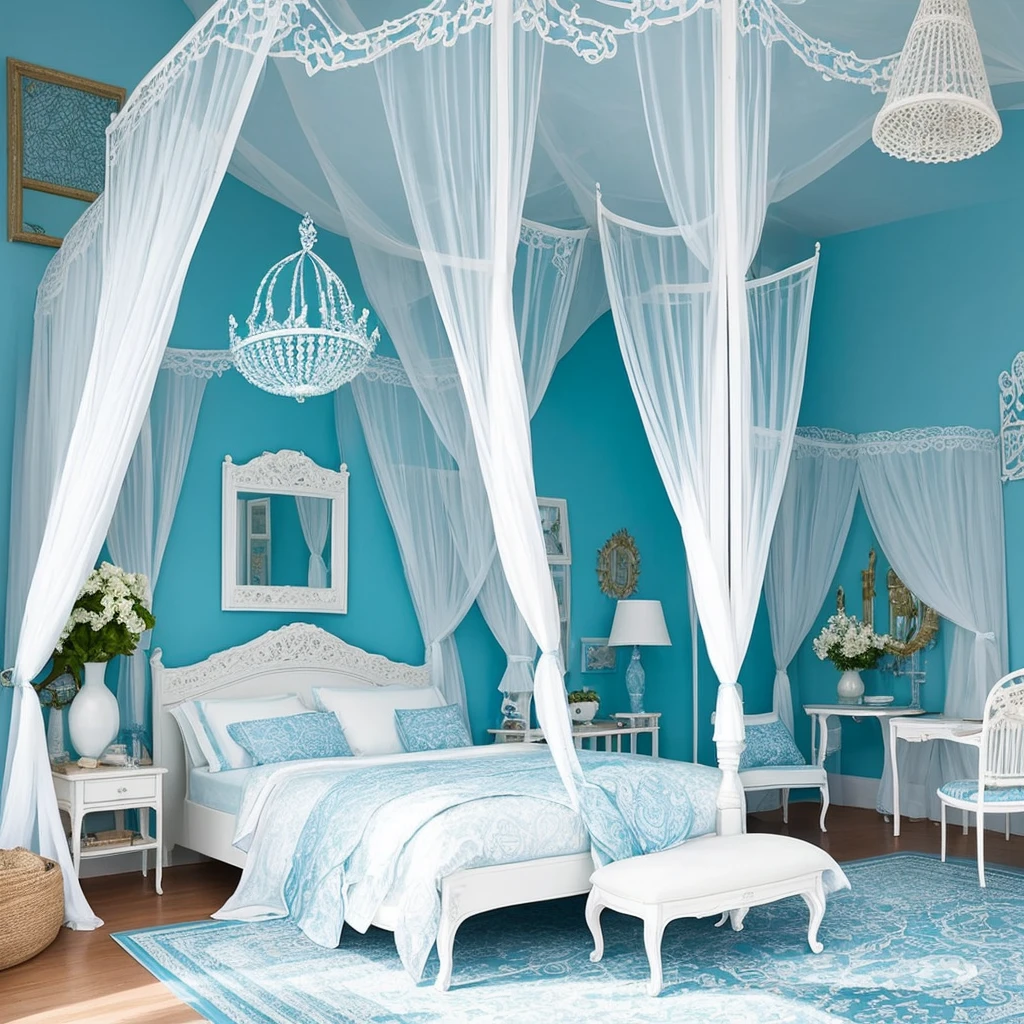 arafed bed with a canopy and a blue chair and ottoman, a colorized photo inspired by Peter Alexander Hay, tumblr, rococo, sky blue and white color scheme, white and pale blue toned, light blue and white tones, white and pale blue, serene and peaceful style, dreamy ethereal vibe, dreamy and detailed, blue and white tones