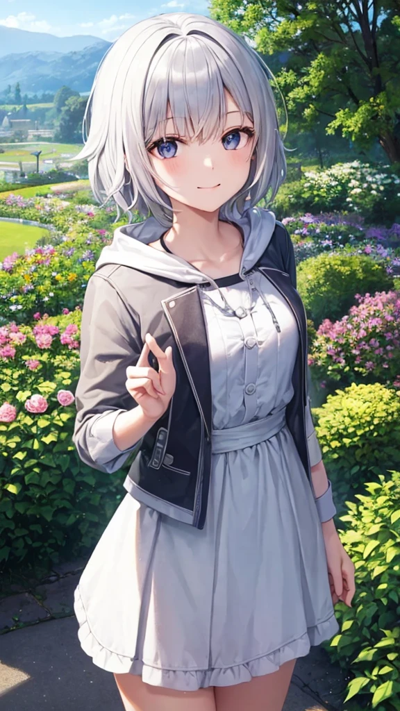 Ultra HD,Look at the viewers, Put your hands behind your back, With a girl, 20-year-old, 非常にShort Hair, Long bangs between the eyes, Pale blue eyes, Very detailed,(masterpiece、Highest quality),Gray Hair、Laughter、Fantastic, Silver Hair, Iris, Short hair、 Fluttering Hair、Small Face、明るいsmile、(Detailed face) ,Professional Lighting,Wonderful landscape,blue sky, sunlight,Looking down from above,Portraiture、Open your mouth、Flower Field、Her eyes were shining、Mysterious and enchanting atmosphere。With AI Painting、とてもShort Hair, Long bangs between the eyes, Very detailed,(masterpiece、Highest quality)、alone、Gray Hair、Fantasy, Silver Hair, Fantasyな風景、smile、Open your mouth、short hair、Short Hair、hairpin、black eye、Grey Eyes、Beautiful Eyes、Black Shirt、White hoodie