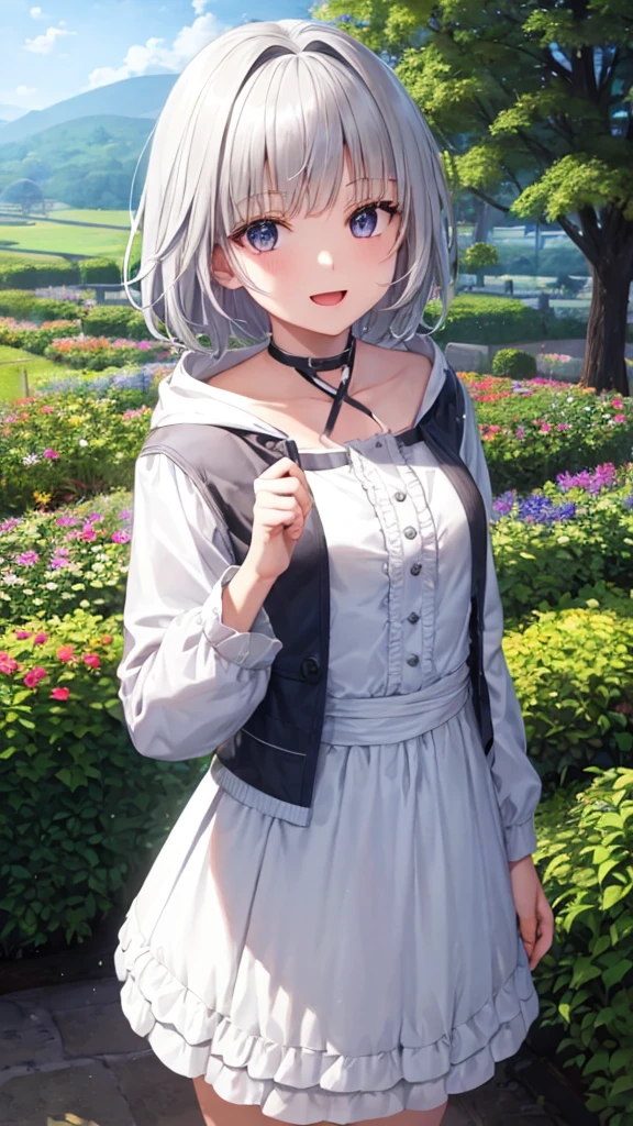 Ultra HD,Look at the viewers, Put your hands behind your back, With a girl, 20-year-old, 非常にShort Hair, Long bangs between the eyes, Pale blue eyes, Very detailed,(masterpiece、Highest quality),Gray Hair、Laughter、Fantastic, Silver Hair, Iris, Short hair、 Fluttering Hair、Small Face、明るいsmile、(Detailed face) ,Professional Lighting,Wonderful landscape,blue sky, sunlight,Looking down from above,Portraiture、Open your mouth、Flower Field、Her eyes were shining、Mysterious and enchanting atmosphere。With AI Painting、とてもShort Hair, Long bangs between the eyes, Very detailed,(masterpiece、Highest quality)、alone、Gray Hair、Fantasy, Silver Hair, Fantasyな風景、smile、Open your mouth、short hair、Short Hair、hairpin、black eye、Grey Eyes、Beautiful Eyes、Black Shirt、White hoodie