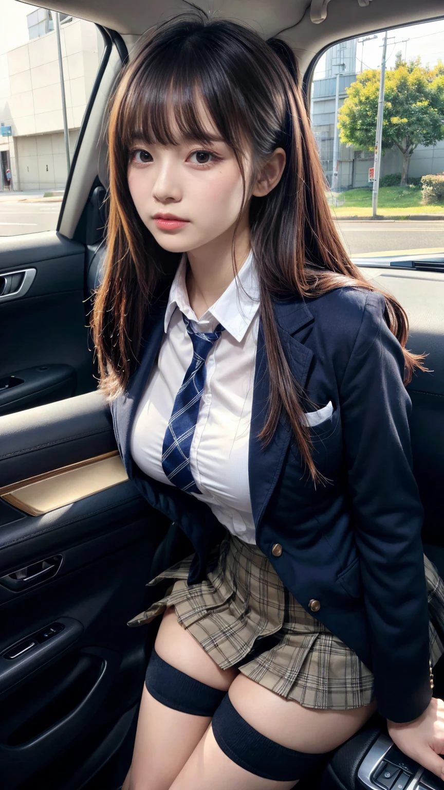 masterpiece, best quality, illustration, Super detailed, fine details, High resolution, 8K,wall paper, perfect dynamic composition,(Details High quality, realistic depiction of eyes:1.3), from side, In the car、High school girl uniform、blazer 、Super Short Check Uniform Skirt、Navy blue high socks、garterbelts、Colossal tits、Disturbed uniform, straight hair, black hair color, huge breasts, Big Natural Color Lip, bold sexy pose, (perfect body shape), crying a little、Harajuku style、20 year old girl、 beautiful legs, hposing Gravure Idol, Voluptuous thighs