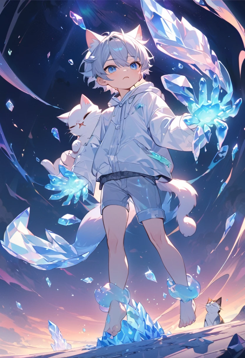 Little male cat,boy,There is a tail,cute,Thin,struggle,Everlasting,Crystallization,Blue slime,Feet turned into crystal,Hands turn into crystal,Crystal Spread Feet,Crystal feet,Crystal hands,illumination,freeze,脚被freeze,charming,boy们 ,蓝色Crystal feet,穿着Tight Fit衣,plastic,Full body portrait,smooth,全身Tight Fit衣,Thin,Light blue gel coat,Full body gel coat,outdoor,Naked,Small pants,Tight Fit,No clothes