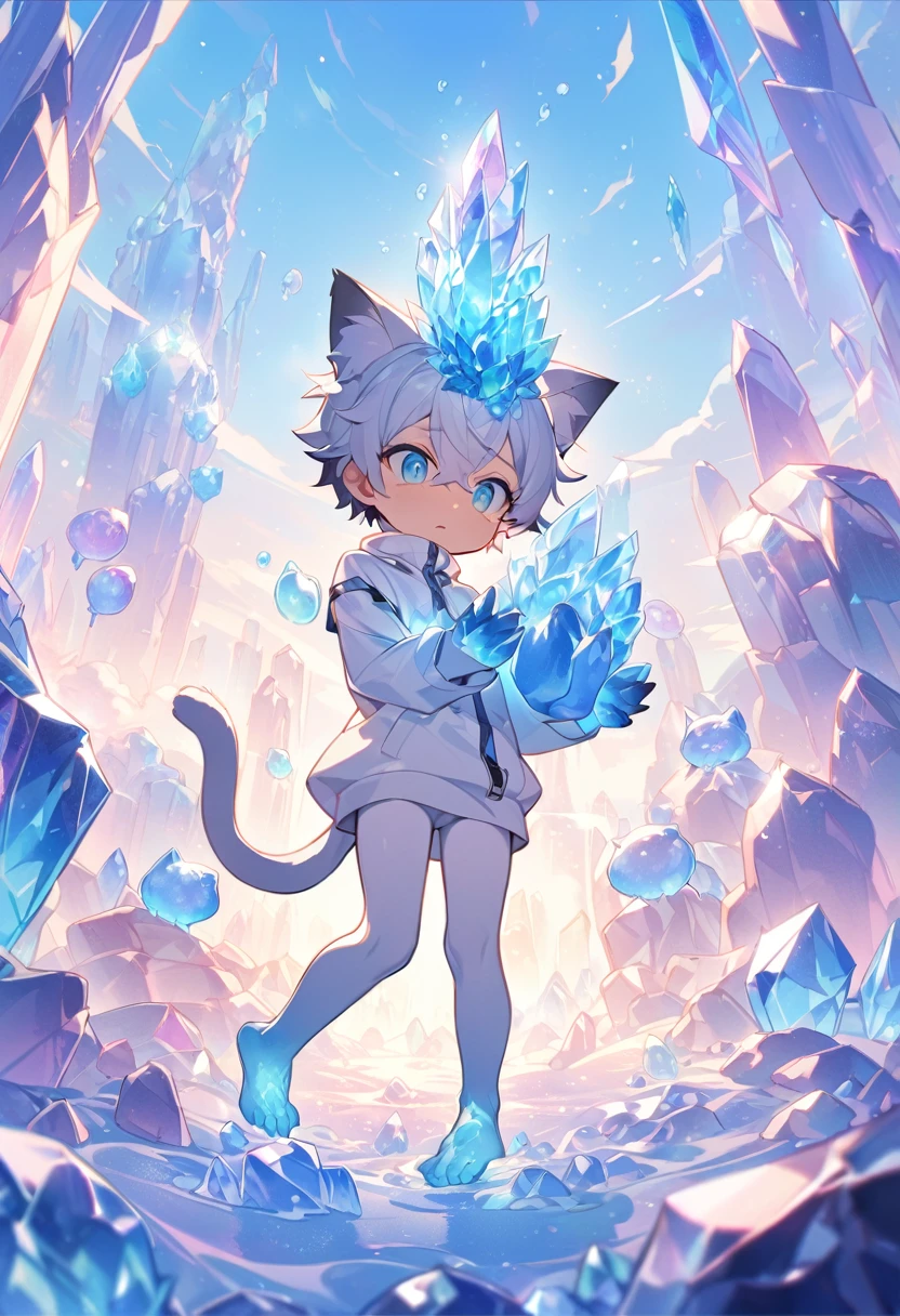Little male cat,boy,There is a tail,cute,Thin,struggle,Everlasting,Crystallization,Blue slime,Feet turned into crystal,Hands turn into crystal,Crystal Spread Feet,Crystal feet,Crystal hands,illumination,freeze,脚被freeze,charming,boy们 ,蓝色Crystal feet,穿着Tight Fit衣,plastic,Full body portrait,smooth,全身Tight Fit衣,Thin,Light blue gel coat,Full body gel coat,outdoor,Naked,Small pants,Tight Fit,No clothes