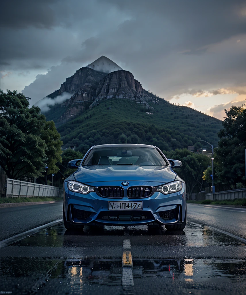 Bmw m4 baby blue, black wheel, headlights on, haze, light raindrops, Clouded, dusk, Roadside, asphalt, Trees, naturey, asphalt molhado, mountain in the background, mountain with snow, 