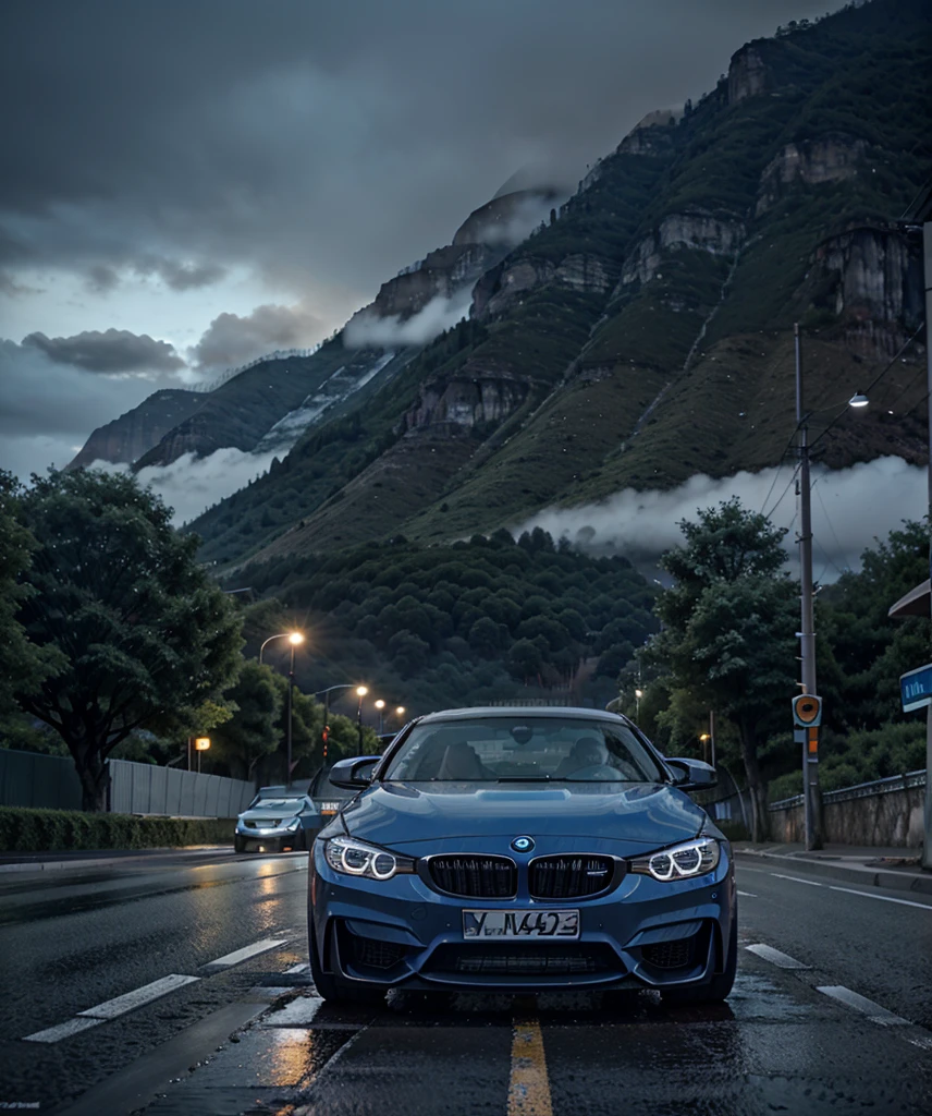 Bmw m4 baby blue, black wheel, headlights on, haze, light raindrops, Clouded, dusk, Roadside, asphalt, Trees, naturey, asphalt molhado, mountain in the background, mountain with snow, 