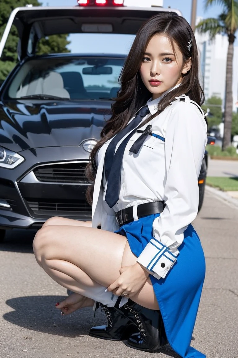 Posing with a police car, photograph，Raised to be sexy, police formals, Dressed as a police officer, Bobby, formal, , full order, Female Police Chief, Korean female fashion model，tight，Hip-hugging skirt，A short skirt that fits snugly around the hips，Boots up to the knee，Pear-shaped body，Long legs，Wear different colors，(White skin)，Lace-up pantyhose、Open shirt