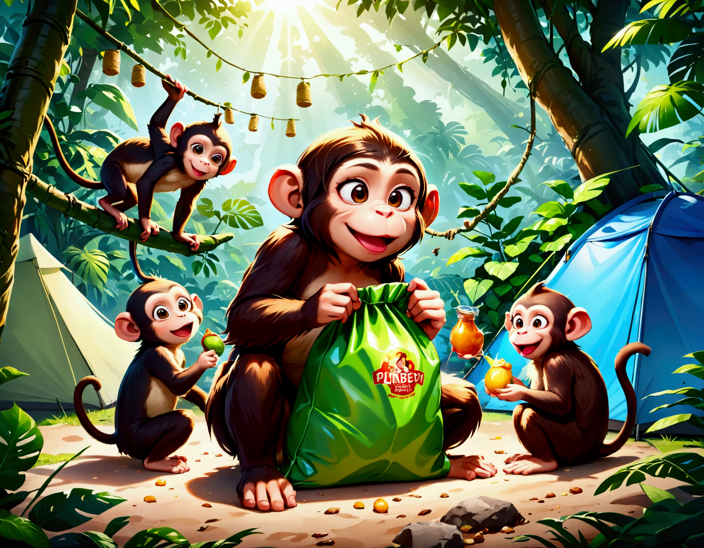 A group of little cute monkeys,mischievous monkeys,playful monkeys,monkey antics,cheeky monkeys,jungle camp,outdoor camp,food sack,scientists away,comedic,humorous,comical,slapstick,cute,fluffy,adorable,high quality,8k,detailed,vibrant colors,natural lighting,lush greenery,photorealistic
