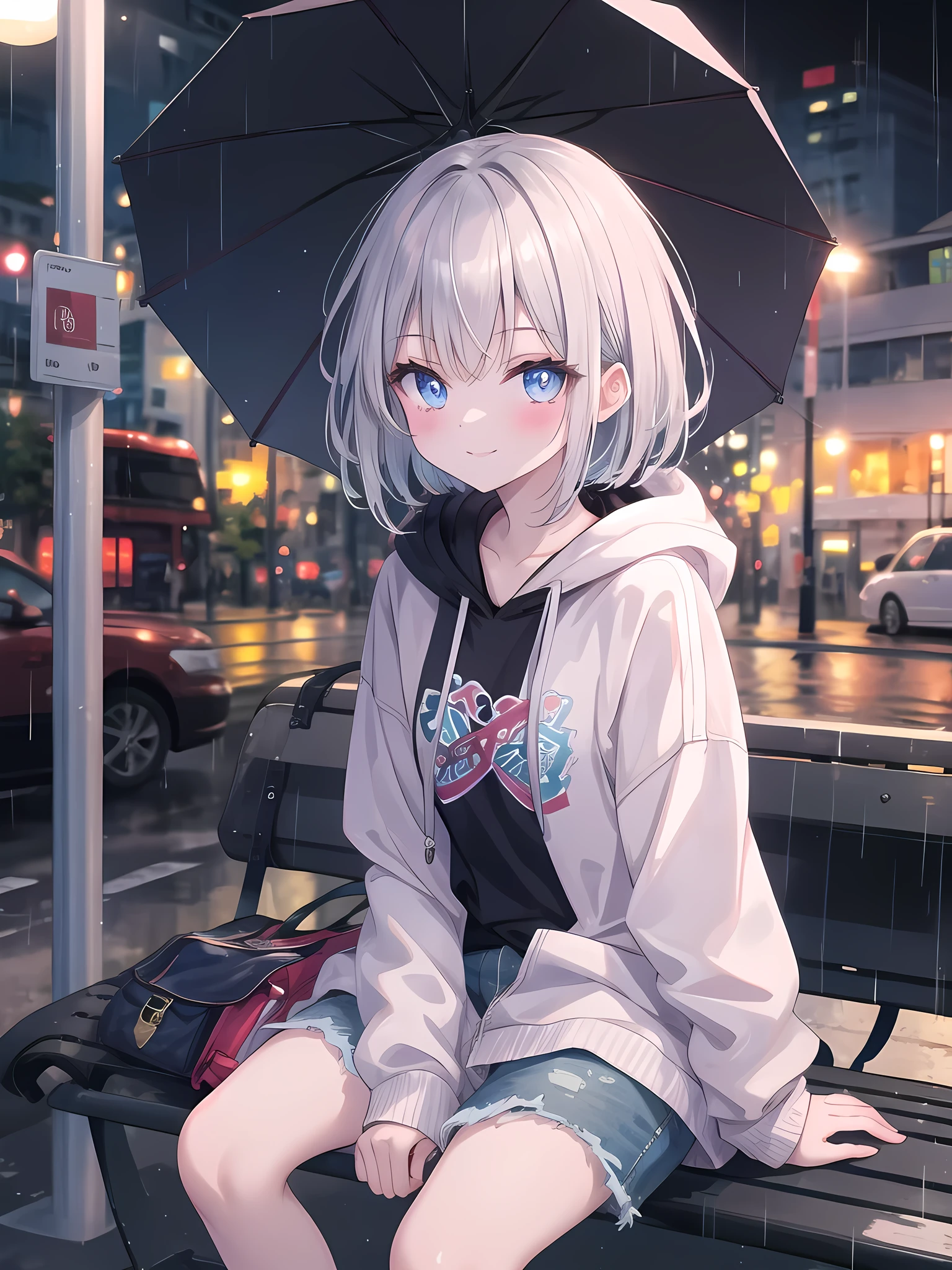 (8k, best quality, master piece: 1.2),super high resolution,1 girl, solo, colorshift eyes, hyperdetailed, expressive eyes, ultra-detailed face, A girl is sitting on a bus stop bench taking shelter from the pouring rain. The street lights reflect off the road. She has short silver hair, a pale pink hoodie, jeans, and is smiling at the camera.
