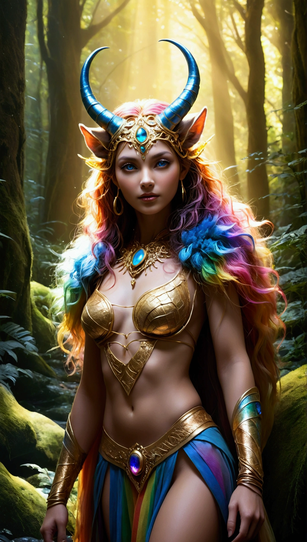A beautiful, enchantingly elusive humanoid faunus woman, every aspect exudes magic in the midst of danger: shimmering rainbow fur, ethereal golden horn, and eyes that seem to hold the secrets of the universe. The mystical creature is surrounded by a lush, enchanted forest, bathed in the soft light of the setting sun, creating a dreamlike atmosphere that transports viewers to a realm of fantasy and wonder. This breathtaking image is a digital painting that captures the essence of the mythical creature with stunning detail and masterful technique, making it a truly mesmerizing work of art.