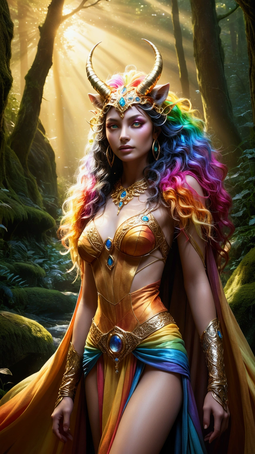 A beautiful, enchantingly elusive humanoid faunus woman, every aspect exudes magic in the midst of danger: shimmering rainbow fur, ethereal golden horn, and eyes that seem to hold the secrets of the universe. The mystical creature is surrounded by a lush, enchanted forest, bathed in the soft light of the setting sun, creating a dreamlike atmosphere that transports viewers to a realm of fantasy and wonder. This breathtaking image is a digital painting that captures the essence of the mythical creature with stunning detail and masterful technique, making it a truly mesmerizing work of art.