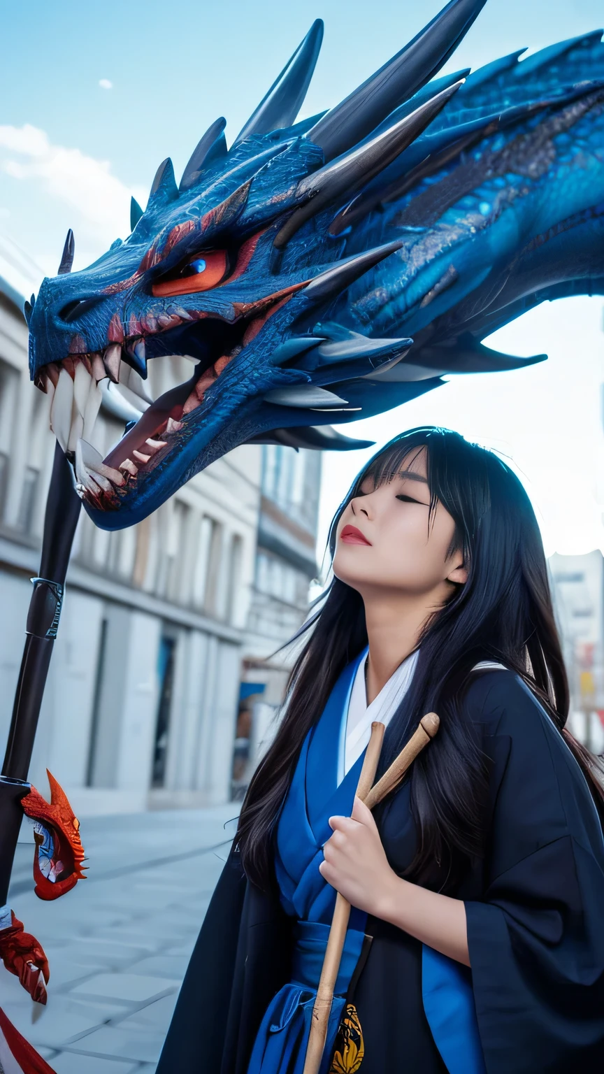 Girl hiding her eyes with a cloth, He carries a white cane decorated with the Japanese symbol for life., Blue flames coming out of the decoration, A dragon came out of it、A blue wind blows with a skull ghost, Perfect Judy with a face and scythe,The woman is wearing a proper white outfit made of sickle steel., The woman's hair is black, The woman is an incarnation of God., Dragon on background,(The background of the CG 8k module is very detailed) (Highest quality), (Best illustrations), (Best shade), Very detailed t--v6