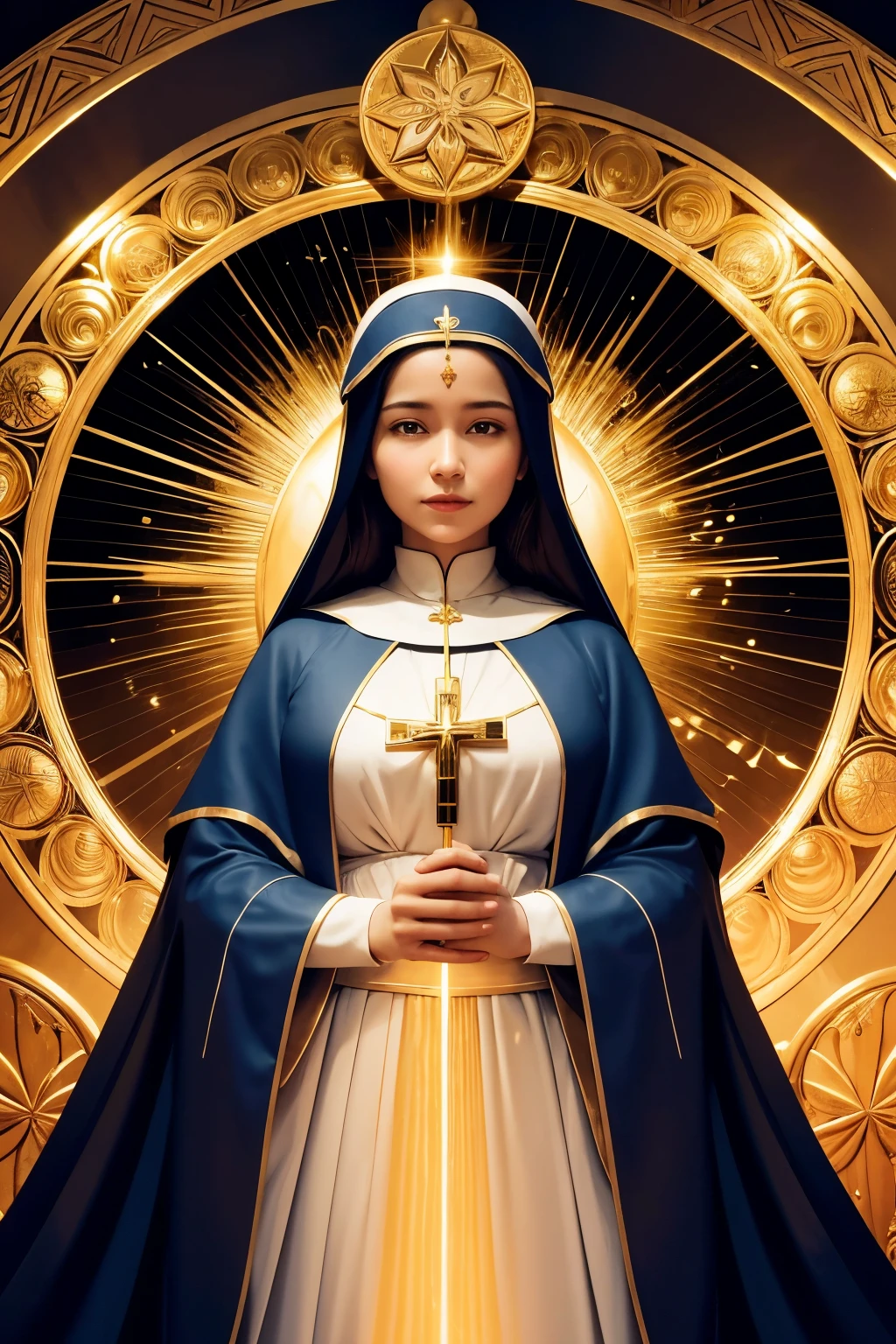 Draw a scene where a sick person is in front of the image of Our Lady of Aparecida, enveloped in an aura of golden light. Your expression of gratitude reflects the healing you experienced after your visit.