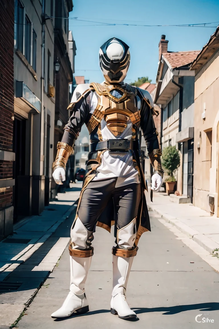 1boy, white, full body, Illustration, cinematic light, high resolution, best quality, ultra detailed, masterpiece, power suit, powerranger, suit, spd, (silver royal guard ranger suit), gold detail