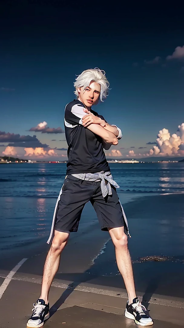 1 boy, handsome asian male, extremely detailed face, beautiful detailed eyes, beautiful detailed lips, street view, sunrise, different every time, white hair, grey hair, stylish hair, (best quality,4k,8k,highres,masterpiece:1.2),ultra-detailed,(realistic,photorealistic,photo-realistic:1.37),gorgeous colors,dramatic lighting,cinematic