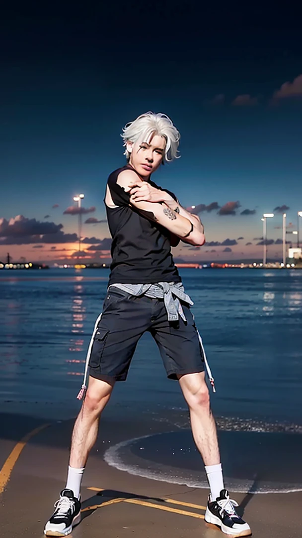 1 boy, handsome asian male, extremely detailed face, beautiful detailed eyes, beautiful detailed lips, street view, sunrise, different every time, white hair, grey hair, stylish hair, (best quality,4k,8k,highres,masterpiece:1.2),ultra-detailed,(realistic,photorealistic,photo-realistic:1.37),gorgeous colors,dramatic lighting,cinematic