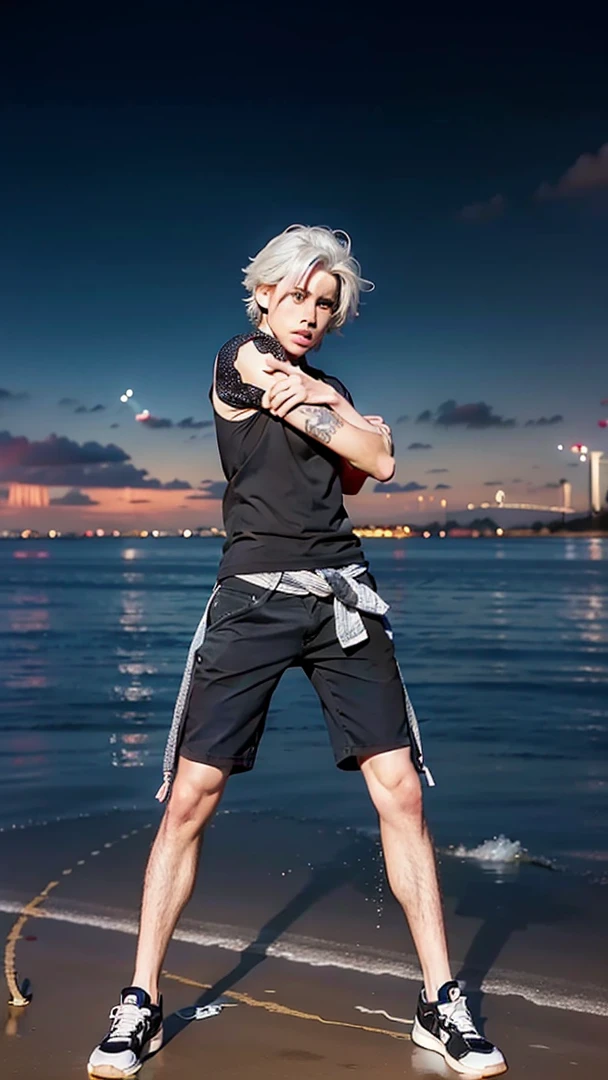 1 boy, handsome asian male, extremely detailed face, beautiful detailed eyes, beautiful detailed lips, street view, sunrise, different every time, white hair, grey hair, stylish hair, (best quality,4k,8k,highres,masterpiece:1.2),ultra-detailed,(realistic,photorealistic,photo-realistic:1.37),gorgeous colors,dramatic lighting,cinematic