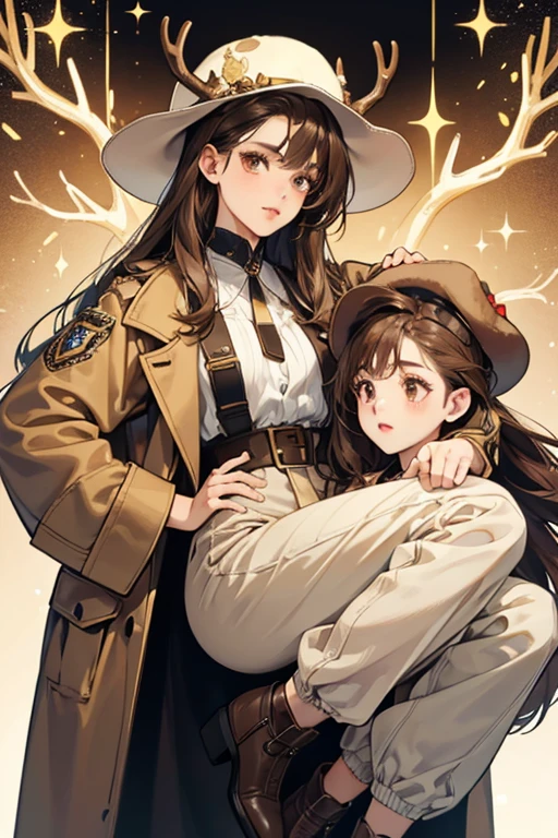 she has fair skin and straight brown hair styled into a bull cut. she has big dark brown eyes and pale lips. Her accessories consist of a light brown deer hat with white antlers on the top of them.

Her outfit is a tan coat, with a golden zipper and patches on the long sleeves. It has 4 dark brown pockets on the front. On her neck part are two dark brown straps with one having a golden piece on the end. Under her coat he wears a white T-shirt with a design on it. sHe wears dark brown pants. Her winter boots are dark brown with two buckles and black bottoms.  SPARKLE; GLITTER