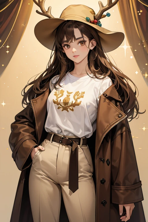 she has fair skin and straight brown hair styled into a bull cut. she has big dark brown eyes and pale lips. Her accessories consist of a light brown deer hat with white antlers on the top of them.

Her outfit is a tan coat, with a golden zipper and patches on the long sleeves. It has 4 dark brown pockets on the front. On her neck part are two dark brown straps with one having a golden piece on the end. Under her coat he wears a white T-shirt with a design on it. sHe wears dark brown pants. Her winter boots are dark brown with two buckles and black bottoms.  SPARKLE; GLITTER