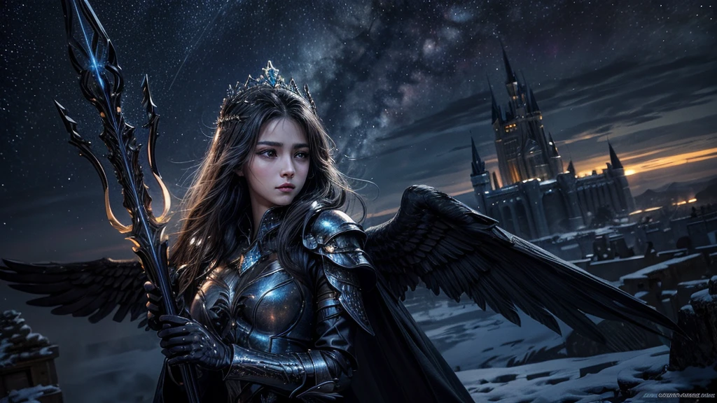masterpiece, rest, best quality, Very detailed, Super real, 16K, high resolution, castle,snow, ((Starry Sky)),Female Mage,Gorgeous armor,Complex Mode,Pretty Face,Closed mouth,dramatic,Half-length photo,Glowing scepter,Black Wings