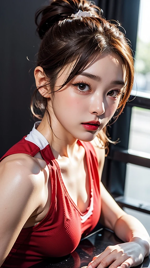 Highly detailed CG Unity 8K wallpapers,top Quority,Super detailed,tmasterpiece,realisticlying,photograph realistic,Very detailed cute girl,19 age old,musculature,Microabs,Round eyes,peeping at the viewer,Be red in the face,parted lip,Half-body shooting,
track suit , gym room,black fishnet stocking