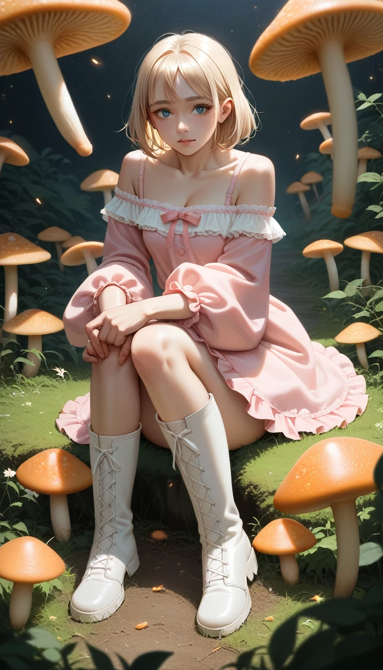 Anime girl with light blonde hair,With light blue eyes,Wearing a pink off-the-shoulder puff-sleeved dress and knee-high white boots,Sitting in the woods,Next to it is an orange mushroom,Surrounded by fireflies under the starry sky