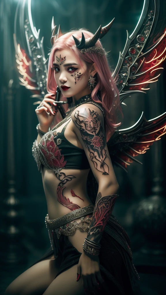 Cute Japanese female, (), (Very cute face: 1.3), Red lips, White moist skin, Melancholic expression,
BREAK,
(Beautiful belly button), (White skin),
BREAK,
Female superior ancient strigoi vampire, Horror, Angel wings, Black wings, Red jewelry, (Large wings: 1.4), Satan, (Hellfire:1.2),Full body,Demon,(Flame:1.2),(Rhinestones),(Horns growing from head),
BREAK,
(Long hair),(Bangs:1.2),(Pink hair:1.3),(Wavy hair),(Two-tone hair),(Red tips:1.4),
BREAK,
(Very large spear:1.4),(Holding spear:1.3),(Fighting:1.2),(Getting into a fighting stance),
BREAK,
(Facial tattoo:1.4),(Rhinestones on face:1.4),
BREAK,
Excellent, Perfect lighting, Ultra-high resolution, 8K, (Highly detailed:1.4), (Front view),Looking at camera,(Full body),(Geometric),(Symmetrical),
BREAK,
(Neon lights:1.2),