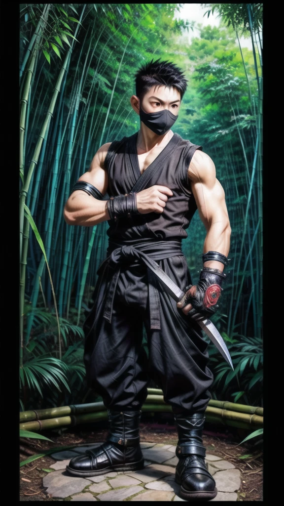 (((Cover your nose and neck with black cloth)))、Japanese men、((Excessive sweating))、Crotch bulge、dutch angle、(((fighting stance)))、(((battoujutsu stance,weapon)))、((Sleeveless ninja jacket))、(((Ninja Pants)))、(((Ninja Tabi)))(Arm tattoo)、Muscular、(Glowering look、looking at viewer、big eyes、furious)、((Bamboo grove)、sidecut Spiky hair、16 years old、((full body))、 Detailed Background, The finer details、Real、3K、Highest quality