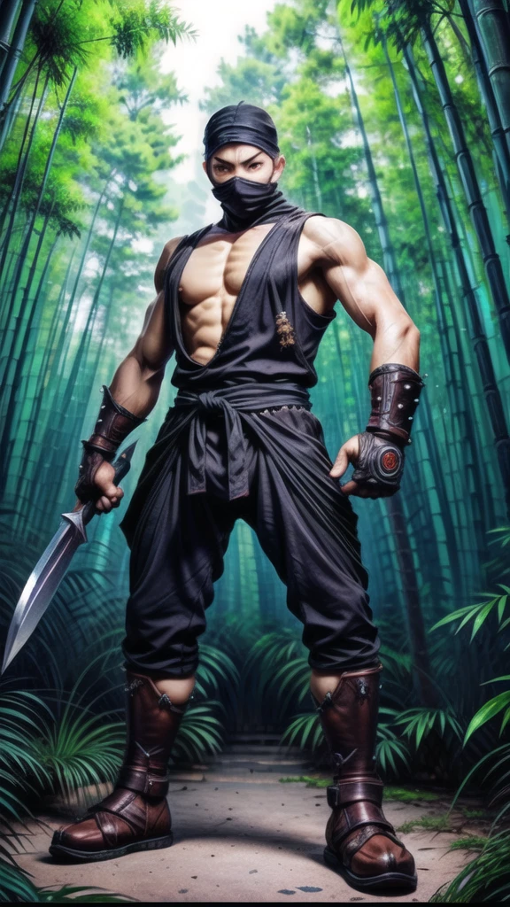 (((Cover your nose and neck with black cloth)))、Japanese men、((Excessive sweating))、Crotch bulge、dutch angle、(((fighting stance)))、(((battoujutsu stance,weapon)))、((Sleeveless ninja jacket))、(((Ninja Pants)))、(((Ninja Tabi)))(Arm tattoo)、Muscular、(Glowering look、looking at viewer、big eyes、furious)、((Bamboo grove)、sidecut Spiky hair、、((full body))、 Detailed Background, The finer details、Real、3K、Highest quality