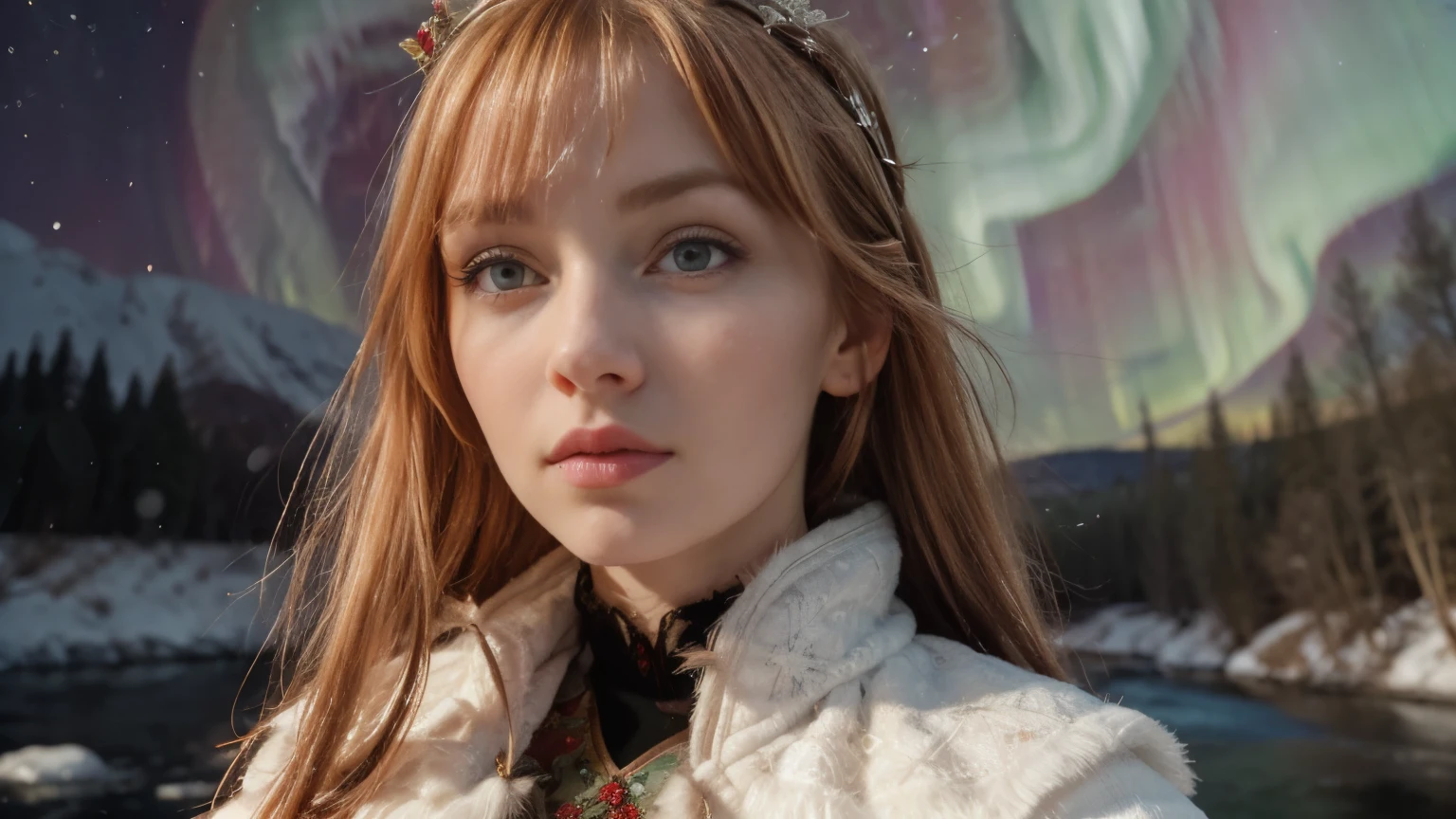 Paulina Seikola, original, (masterpiece), (extremely fine and beautiful), (perfect details), (unity CG 8K wallpaper:1.05), (frozen river , Northern Lights, background:1.25), (depth of field:0.7),1girl, red head, russian young women 18 years old, long white dress, hair blowing with the wind:1.1), snowflakes tiara ornamented, closeup of face, (moon light:0.6), night (winter), (night:1.2), (upper body), big eyelashes, red iris, better hands