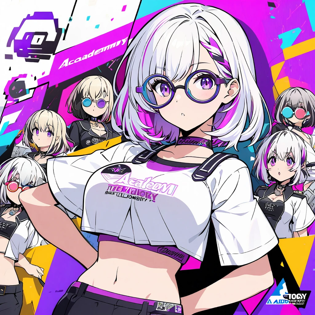 girl, large breast, ((croptop)), short white taut short, academy, purple and white hair, multicolored hair, purple eyes, choker, circle-glasses, tecnology, logo style