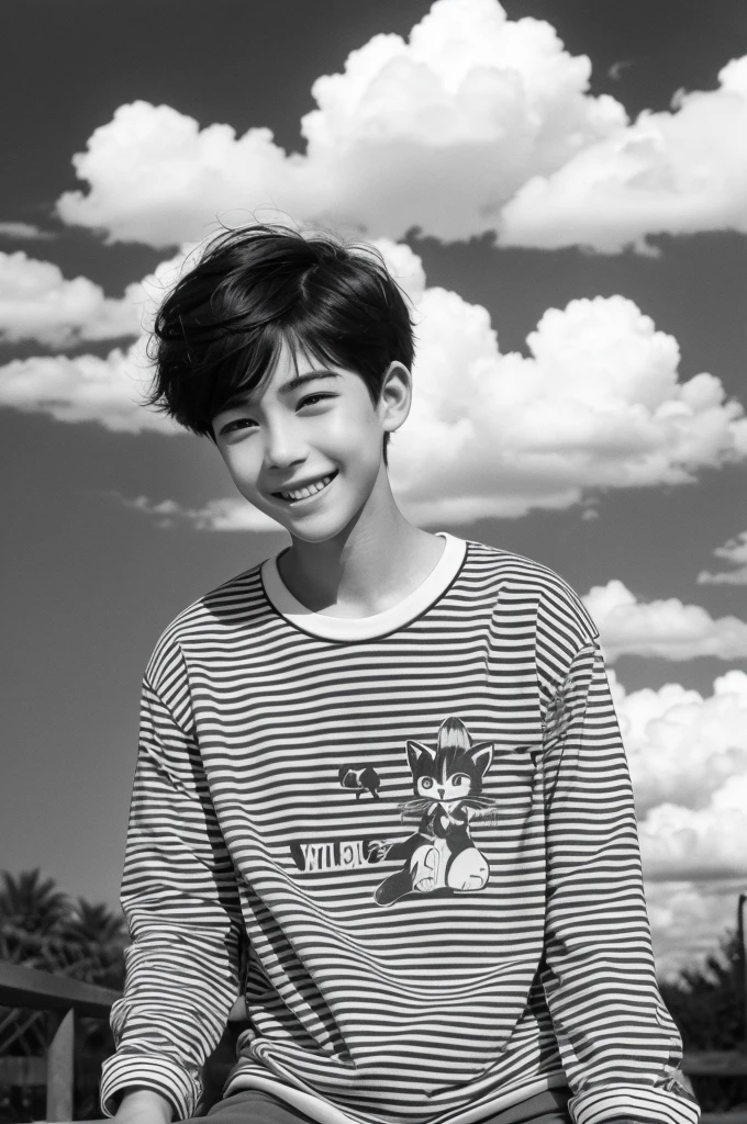 A monochrome, cartoon-style character of a young boy with short hair. A cat is sitting on his hair. The character is smiling, and the background has floating clouds. The boy is wearing a striped shirt with "WSC" written on it. The overall style is retro anime.