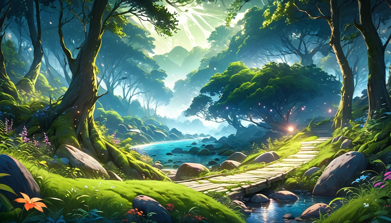 intricate detailed fantasy landscape, a winding summer forest path, beautiful scenic vista, anime art style, (best quality,4k,8k,highres,masterpiece:1.2),ultra-detailed,(realistic,photorealistic,photo-realistic:1.37),stunning vibrant colors, dramatic lighting, serene atmosphere, ethereal glowing stars in the night sky, lush foliage, mossy rocks, winding river, detailed character in the foreground, peaceful mood