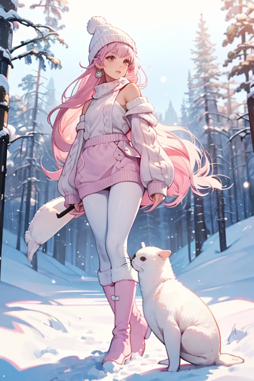 Harper has tan skin, and straight white knee length hair. she has big dark medium brown eyes, and light pink lips. Her accessories consist of a white winter hat a white puff ball on the top.

Her outfit is a pink sweater, with seals looking up facing back standing in snow. Her sweater's right sleeve slightly goes off of her right shoulder. She has light blue leggins with seals all over them. She has white boots with white fuzz on the top. the bottom of her boots are pink.  SPARKLE; GLITTER