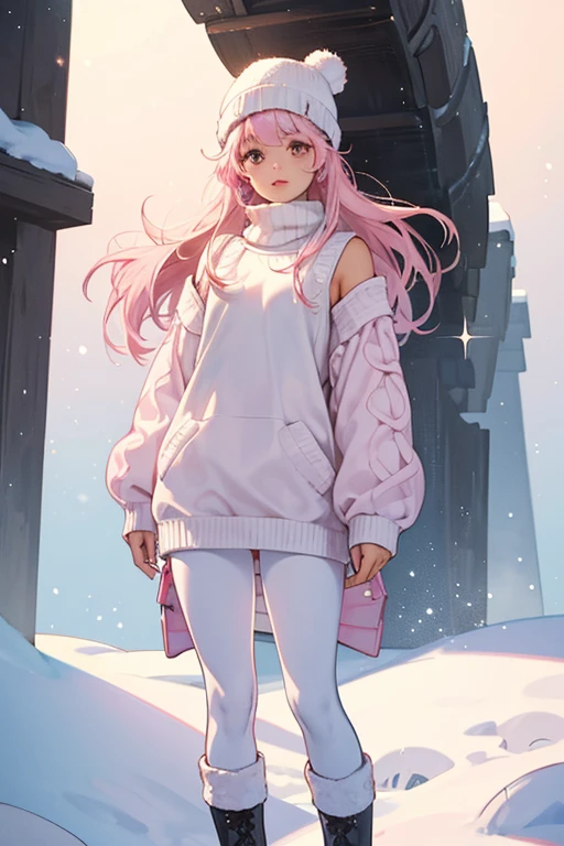 Harper has tan skin, and straight white knee length hair. she has big dark medium brown eyes, and light pink lips. Her accessories consist of a white winter hat a white puff ball on the top.

Her outfit is a pink sweater, with seals looking up facing back standing in snow. Her sweater's right sleeve slightly goes off of her right shoulder. She has light blue leggins with seals all over them. She has white boots with white fuzz on the top. the bottom of her boots are pink.  SPARKLE; GLITTER