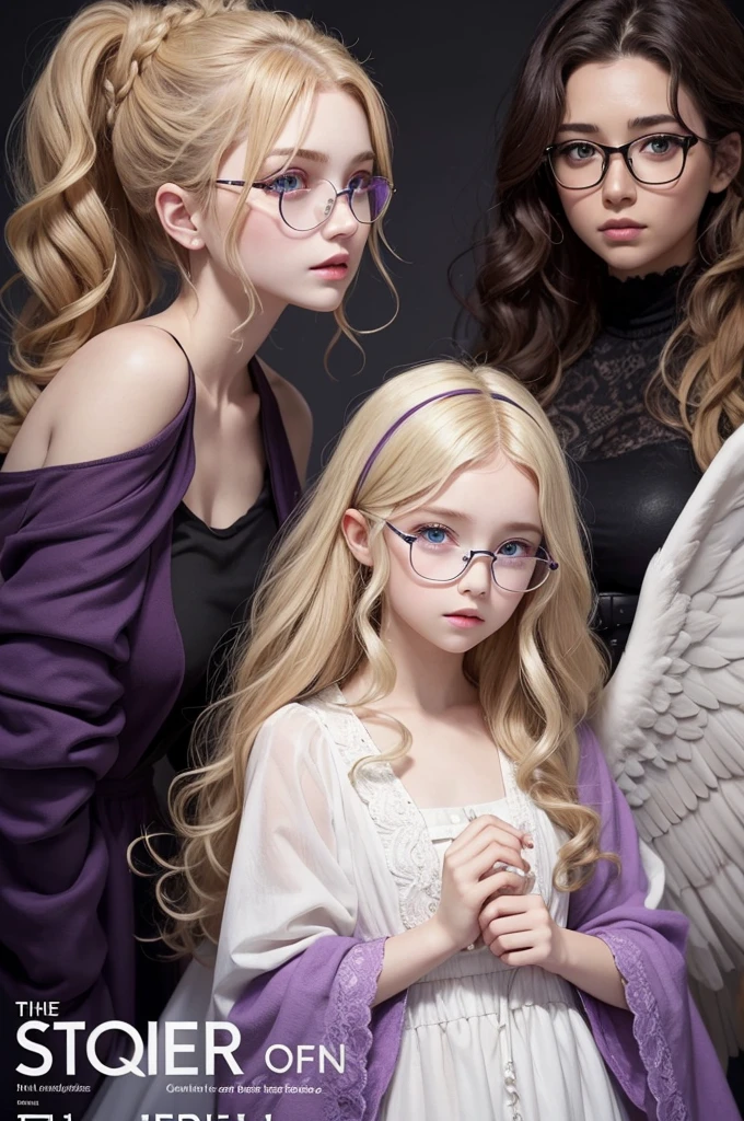 make a cover with 6 characters with a scarlet harp highlighted, One of the characters will have blonde hair and blue eyes, another character will be a pretty brunette with curly purple hair, one of the characters will have curly hair, will be a man, white and green eyes, the other will be a dark-skinned man with glasses, another will be white with an angelic appearance and white eyes, the background of the cover will be purple and the characters' faces will be of courage to fight evil.