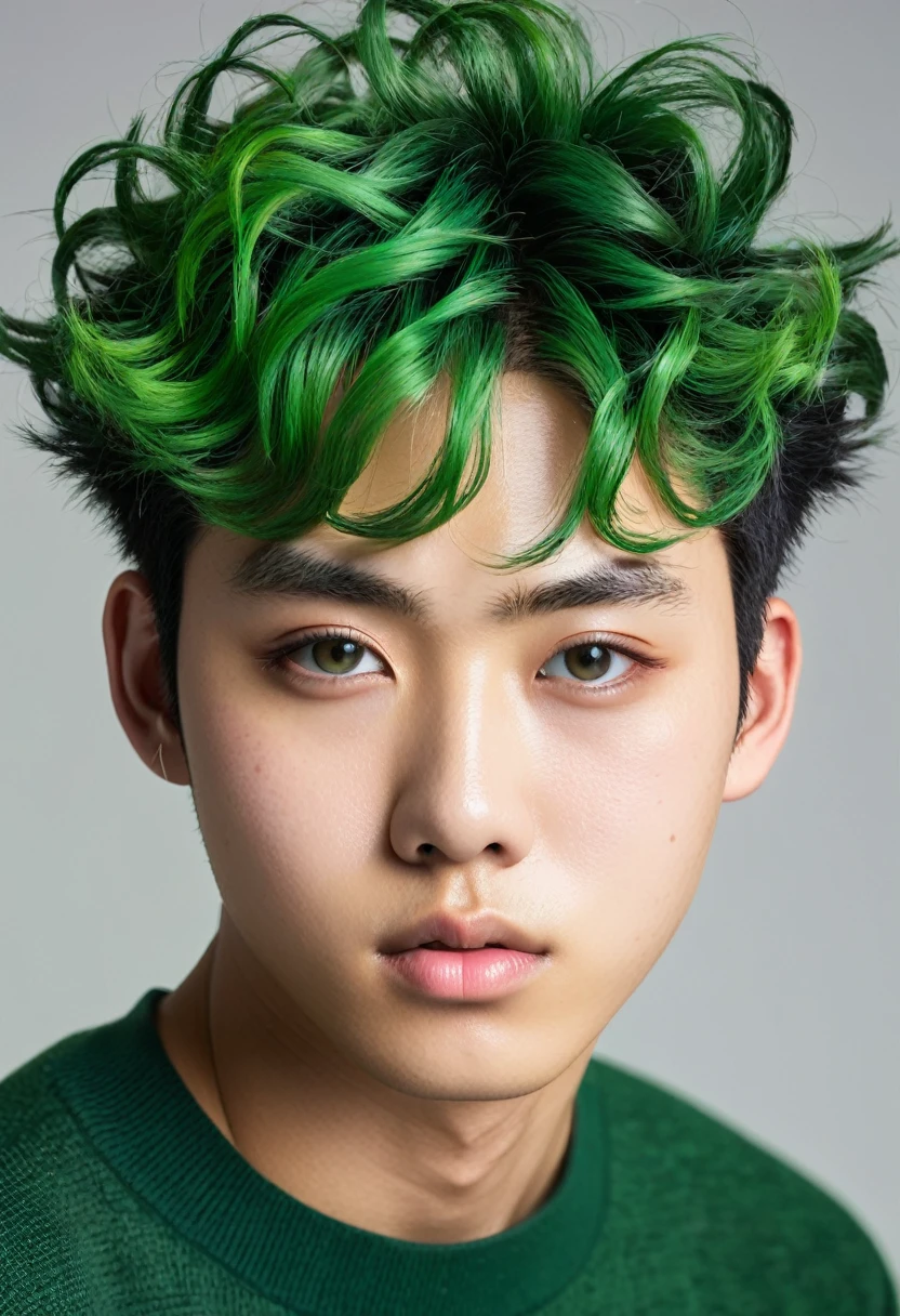 A japanese teen male model,
Chubby cheeks, a flat nose, coarse curly verdant green hair, full eye-lashes, puffy eyelids, monolid, verdant green eyes