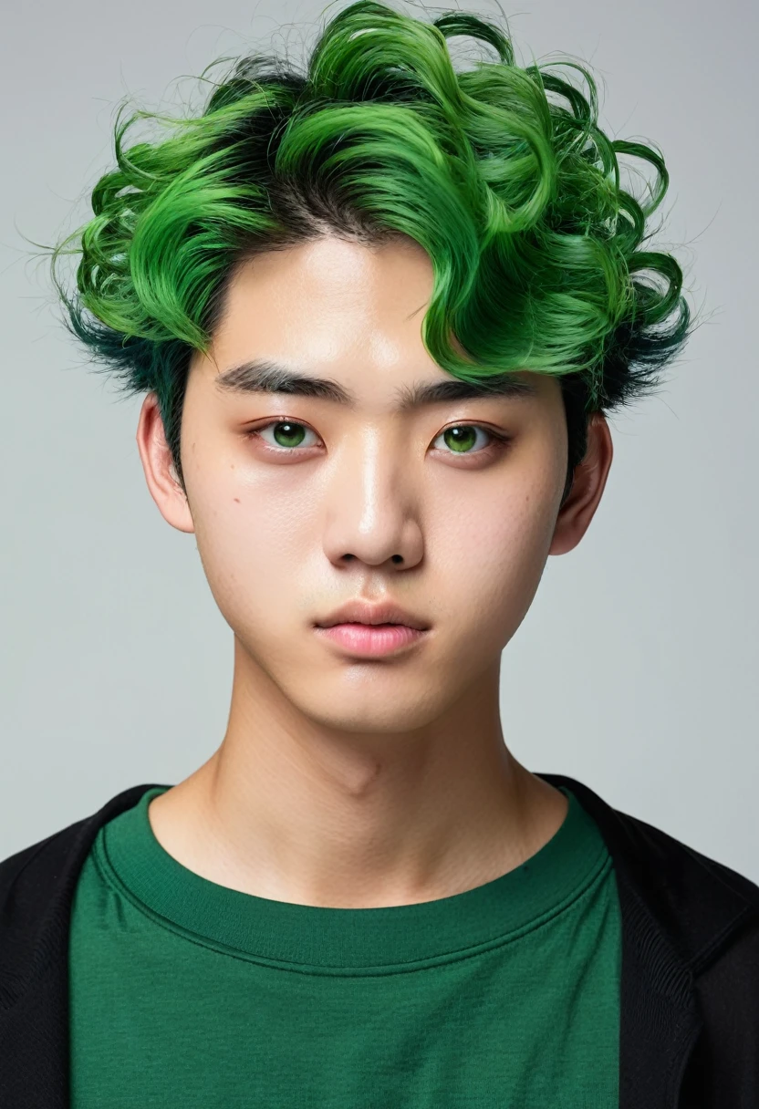 A japanese teen male model,
Chubby cheeks, a flat nose, coarse curly verdant green hair, full eye-lashes, puffy eyelids, monolid, verdant green eyes