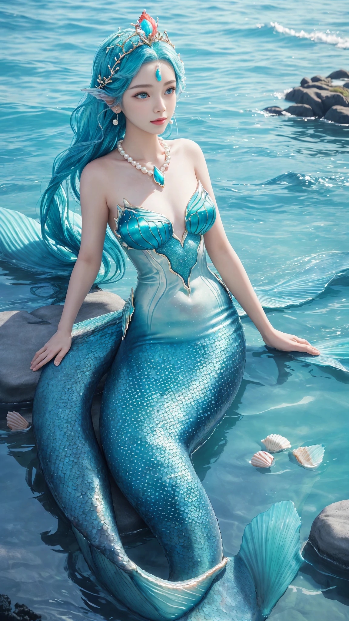 There was a woman,Have a mermaid tail, Sitting on a rock, Mermaid aesthetics, Beautiful Mermaid, Beautiful serum, Mermaid portrait, A fantastic mermaid story, Cute mermaid book, Fantastic fantasy, 像Mermaid Queen一样微笑, Mermaid Queen , Coral crown on head , pearls and shells ((masterpiece)),16K,Hyper HD