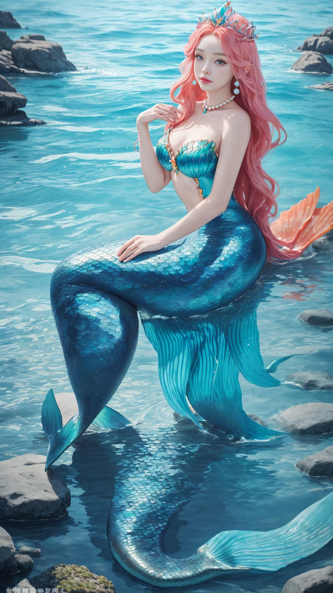 There was a woman,Have a mermaid tail, Sitting on a rock, Mermaid aesthetics, Beautiful Mermaid, Beautiful serum, Mermaid portrait, A fantastic mermaid story, Cute mermaid book, Fantastic fantasy, 像Mermaid Queen一样微笑, Mermaid Queen , Coral crown on head , pearls and shells ((masterpiece)),16K,Hyper HD