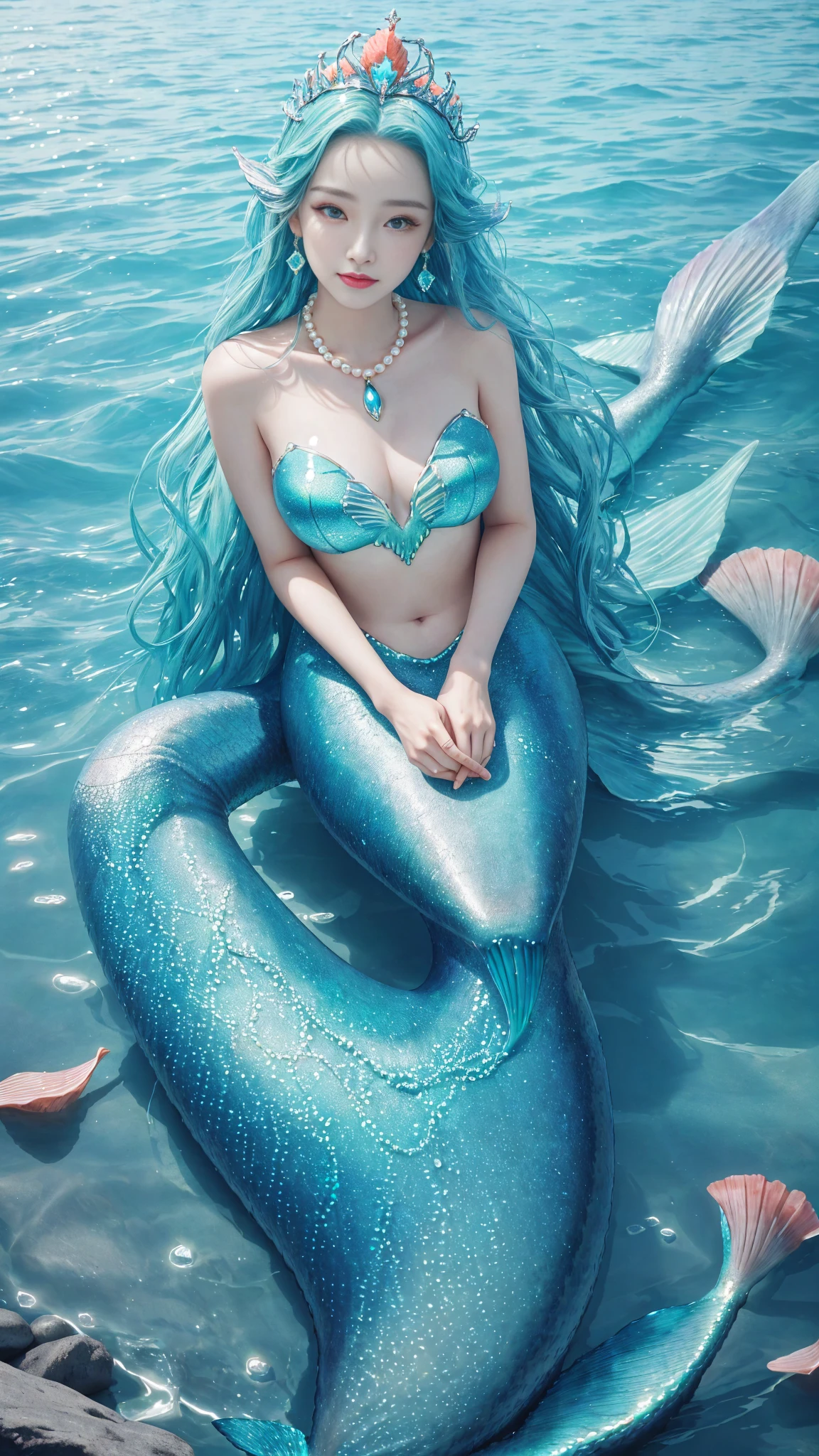 There was a woman,Have a mermaid tail, Sitting on a rock, Mermaid aesthetics, Beautiful Mermaid, Beautiful serum, Mermaid portrait, A fantastic mermaid story, Cute mermaid book, Fantastic fantasy, 像Mermaid Queen一样微笑, Mermaid Queen , Coral crown on head , pearls and shells ((masterpiece)),16K,Hyper HD