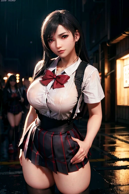 school girl uniform , steam , rain , plaid skirt , pleated skirt , The shirt is tight. , white shirt , school girl , red bow , red knot , highly detailed photo of Tifa Lockhart posing, final fantasy 7 remake, red eyes