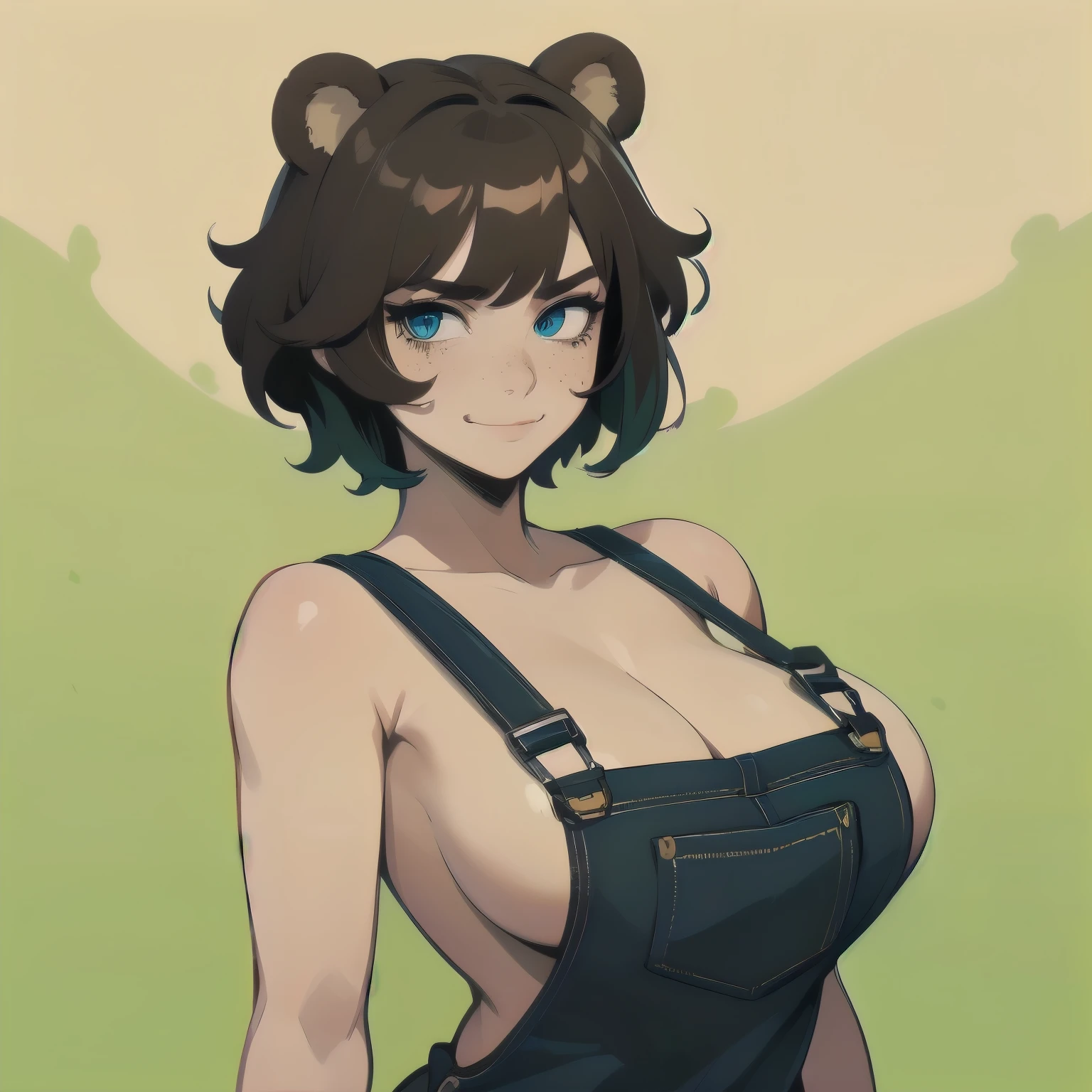 (masterpiece), 1girl, solo, best quality, expressive eyes, perfect face, best quality, kemonomimi, bear ears, animal ears, brown hair, short hair, messy_hair, blue eyes BREAK freckles, huge breasts, hourglass figure, naked overalls, facing viewer, looking at viewer, paint splatter, splatter, dripping, green color, colorful, watercolor, simple background, smirk, closed mouth, standing 