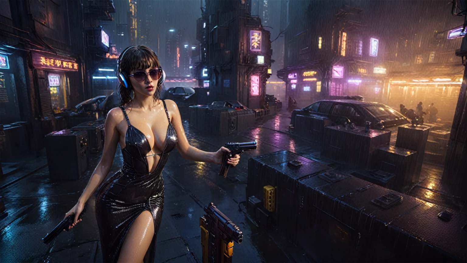 (((aerial view))), (flying cars docking platform), Blade Runner style futuristic city alley, neon lights, rainy night. (1girl, solo, alone), large-breast:1.2 slim body, cleavage:1.1, sexy wind blowing wet dress:1.4, headphone, (black sunglasses), (((she raised a pistol:1.8 and shot:1.8 the viewer))), dynamic pose, (((half-body thigh level medium shot))), cinematic lighting, lens flare, ray tracing, blurred:1.4 background.