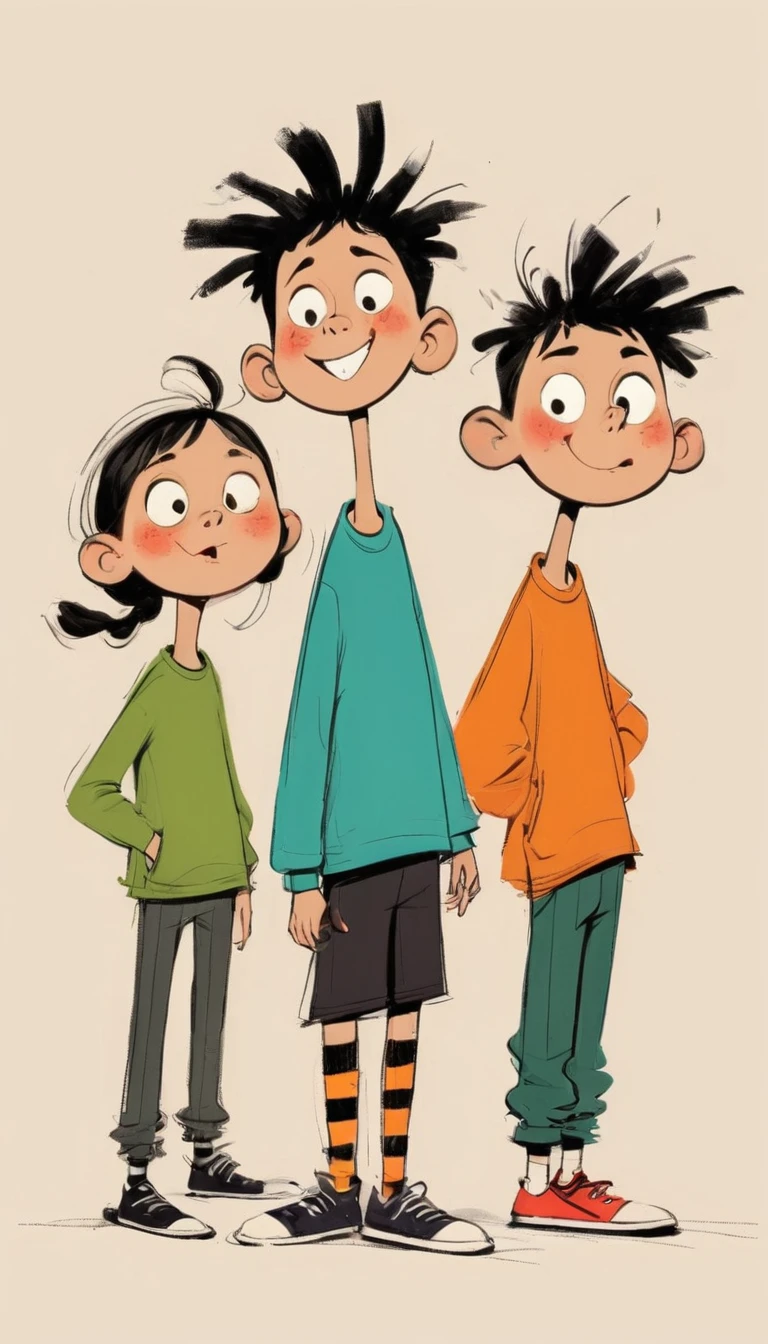 (((Exaggerated digital character sketches:1.37))).(Three elementary school students,(Exaggerated expression)),(Black sketch lines,Loose brushstrokes create the outline,Cartoon Style. Bright colors and simplified lines, sketch)。(Exaggerated body movements,),(Large area of blank)