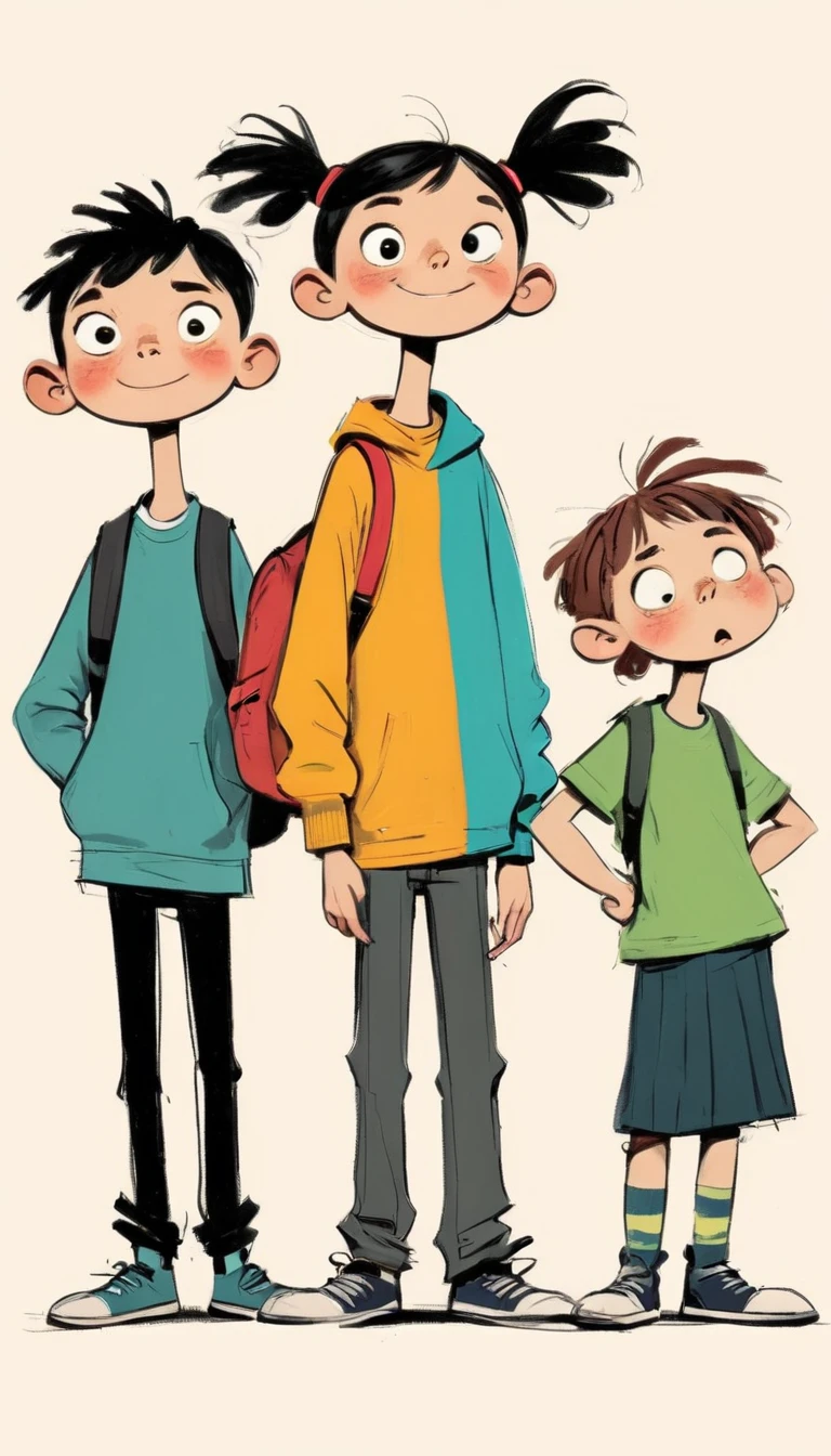 (((Exaggerated digital character sketches:1.37))).(Three elementary school students，(Exaggerated expression))，(Black sketch lines，Loose brushstrokes create the outline，Cartoon Style. Bright colors and simplified lines, sketch)。(Exaggerated body movements，),(Large area of blank）