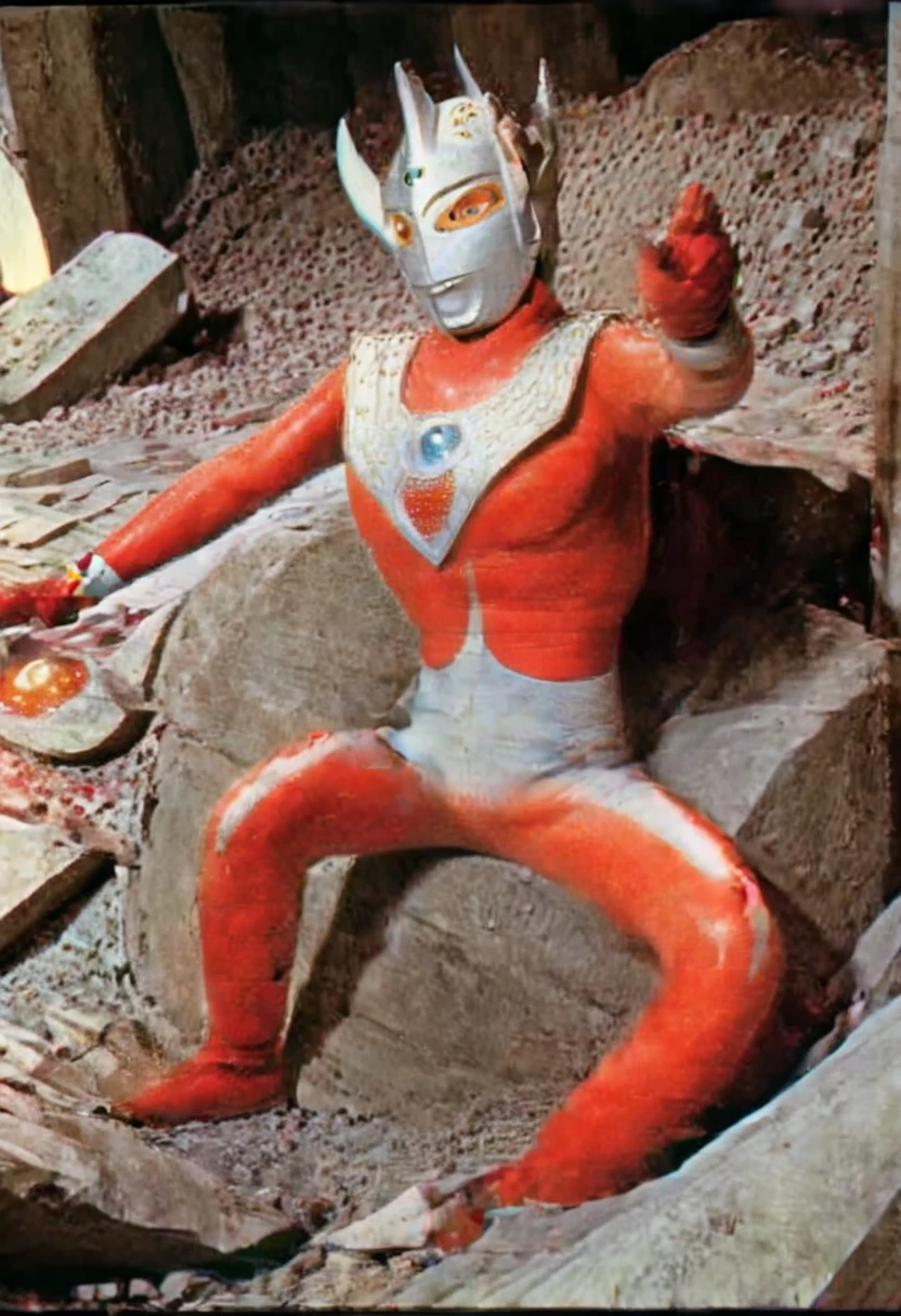masterpiece,photo realistic,high res,80mm films,4K,giant superhero,Aerial shot, destroyed city, Ultraman Taro's body lying on the rubble, his costume torn in places, dead body, broken corners, silver helmet damaged and tattered, broken and bent limbs, hole in the center of his chest from which blood is pouring out, giant, 40m huge, lean and muscular, 2m people gathered around him
