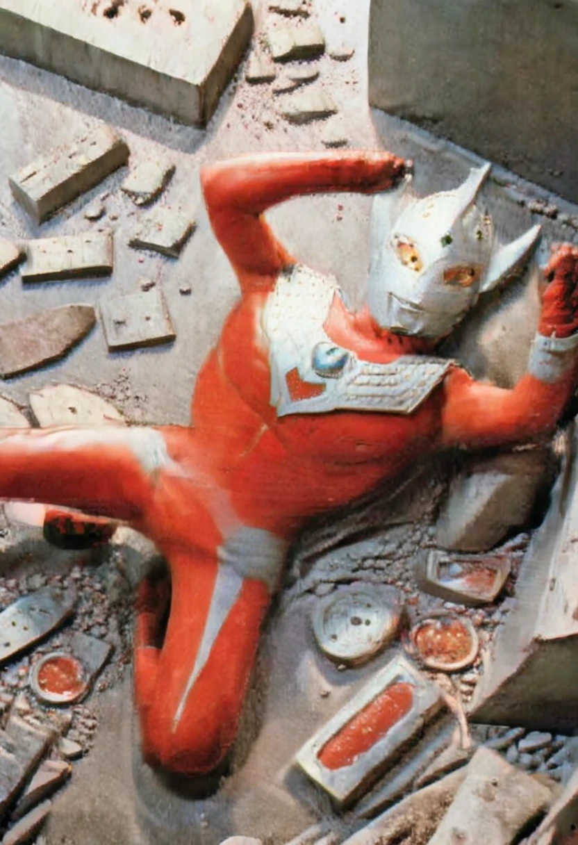 masterpiece,photo realistic,high res,80mm films,4K,giant superhero,Aerial shot, destroyed city, Ultraman Taro's body lying on the rubble, his costume torn in places, dead body, broken corners, silver helmet damaged and tattered, broken and bent limbs, hole in the center of his chest from which blood is pouring out, giant, 40m huge, lean and muscular, 2m people gathered around him