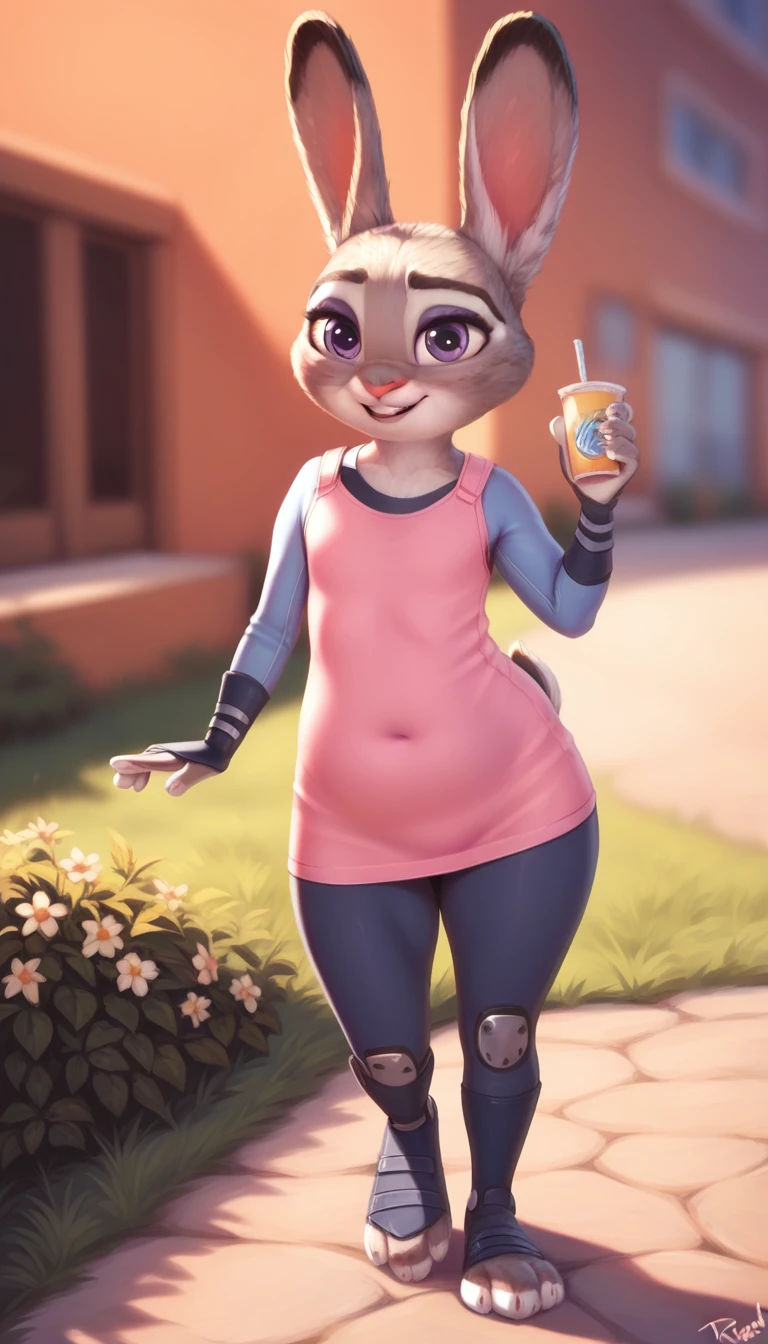 female,  judyhopps, ((thick judy hopps)), (front view), (cinematic lighting), backlighting, (shaded), detailed background, by dagasi, (by personalami), [by Ruan Jia],((full body)), tight clothes, (solo), photorealistic, hyperrealistic,(((thick body))),((chubby)), , adult girl, ((adult)),